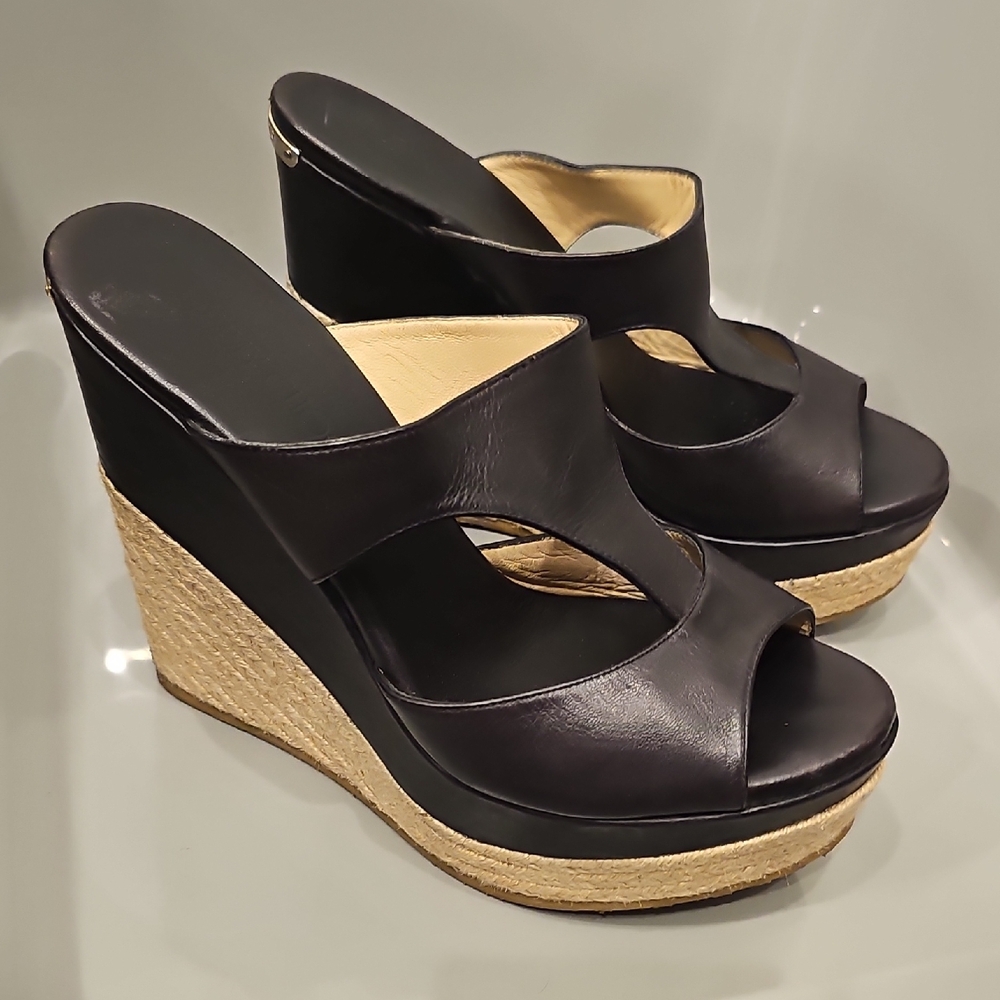 JIMMY CHOO Black Vachette Leather Espadrille Platform Pledge Sandals